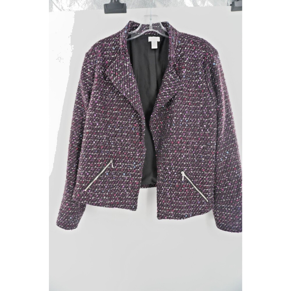 Chico’s Women's Size 3 Black Textured Purple W/Metallic Silver Open Front Blazer